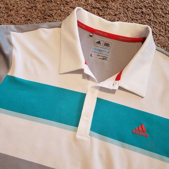 Adidas golf polo short sleeve color block striped climacool grey blue L - Picture 1 of 6